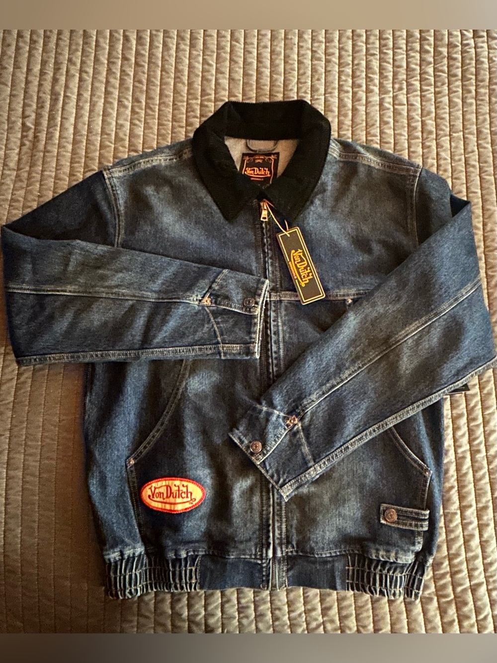 Von Dutch Blue Denim Bomber Jacket with Black Collar